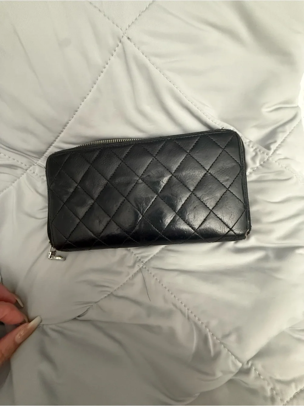 CHANEL Black Quilted Leather Wallet with Silver CC Logo